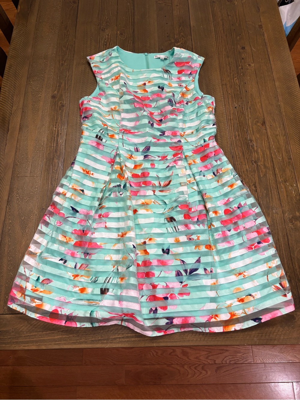 Sandra Darren Mint Striped Floral Shadow Fit-and-Flare Dress